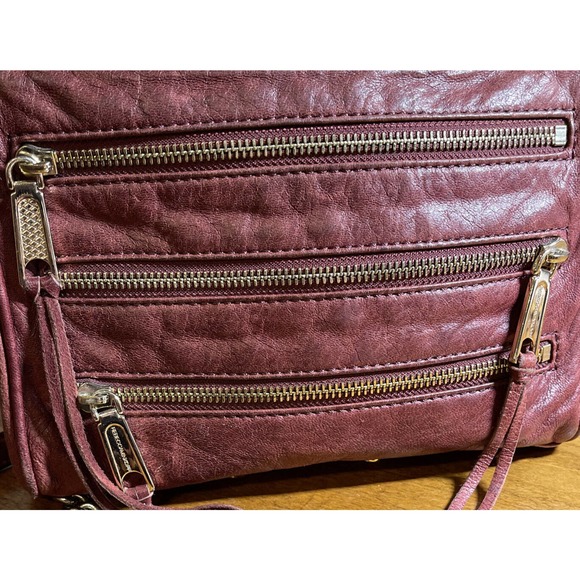 Rebecca Minkoff Cross Body Purse 5 Zip Leather Maroon Studded Gold Chain Handle - Picture 2 of 13